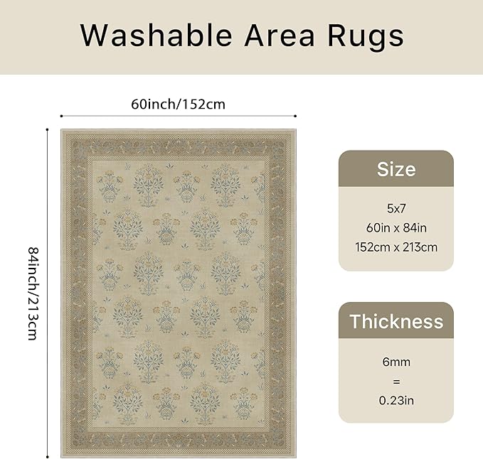 GENIMO Brown Floral Area Rug for Living Room, 5x7 Washable Rug Vintage Boho Area Rug with Non-Slip Backing, Soft Carpet for Indoor Bedroom, Dining Room,Girls Kids Room and Nursery Room