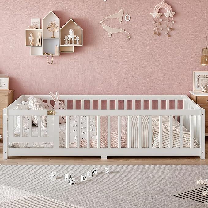 Bellemave Full Size Montessori Floor Bed Frame with Rails & Door, Solid Wood Kids Floor Bed Full with Removable Slats, Low Profile Montessori Bed for Children’s Sleep & Play, White