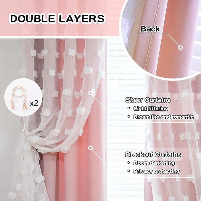MYSKY HOME Light Blocking Pink Curtains for Living Room White Sheer Pom Pom Kids Room Decor Drapes 108 Inches Long Double Layer Curtain for Sliding Door Grommet Window Panels Set of 2 52" x 108"