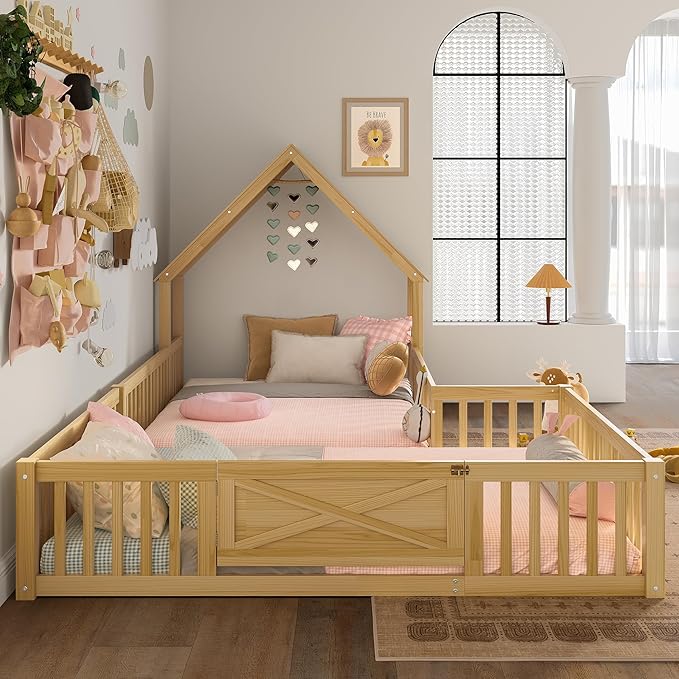 Harper & Bright Designs Full Size House Shaped Double Floor Bed with Door and Full-Length Guardrails, Solid Wood Kids Montessori Floor Bed for Girls Boys, Multi-Function, Natural