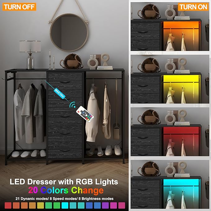 Dresser for Bedroom with Clothes Rack 5 Drawer Dresser with Charging Station LED Lights White Chest of Drawers Flexible Shelf and Open Storage Space for Bedroom Living Room (Charcoal Black)