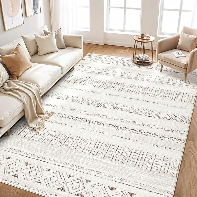 Area Rugs for Living Room Washable Living Room Rug Soft Neutral Indoor Floor Carpet Non-Slip Stain Resistant Modern Boho Rugs for Bedroom Dining Room Kids Room Nursery Office Home Brown