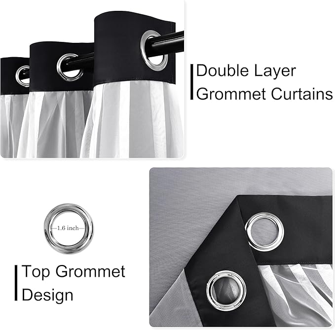XWZO 100% Blackout Double Layer Curtains, Blackout Curtains with Sheer Overlay for Living Room, Bedroom, Grommet Thermal Insulated Privacy Curtains with Tiebacks, 2 Panels, 52x84, Black