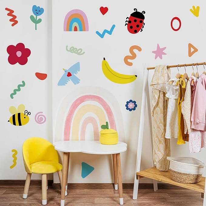 Insect Fruit Wall Decals,Watercolor Doodle Wall Stickers Decor,Peel and Stick Rainbow Flowers, Bees,Fruit Decals for Kids Bedroom Nursery Playroom Living Room and Bedroom Decoration