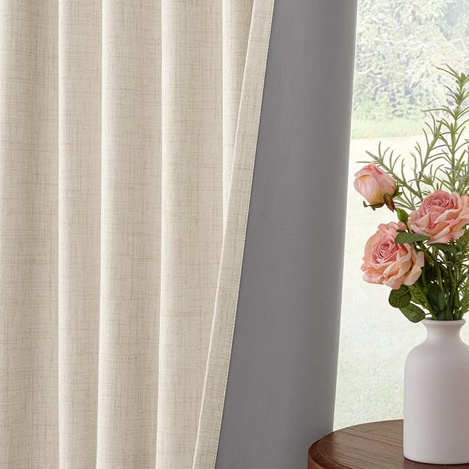 INOVADAY 100% Blackout Curtains for Bedroom, Black Out Curtains 72 Inch Long, Clip Rings Linen Blackout Drapes, Thermal Insulated Room Darkening for Living Room, 2 Panels - Cream,W50xL72