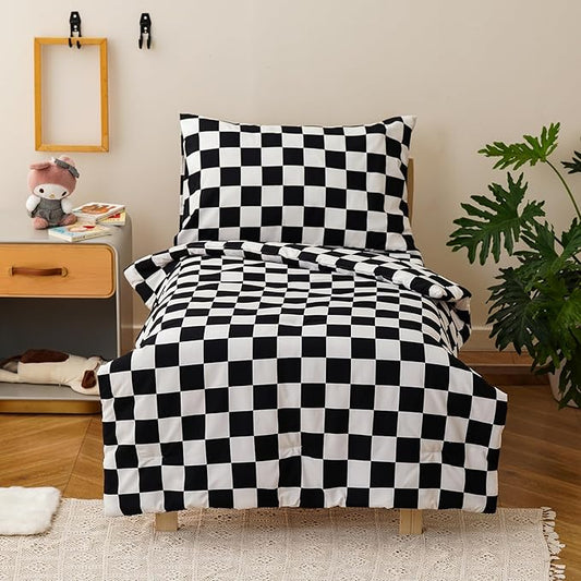KAREVER Grid Toddler Bedding Set Black White Checkered 4 Pieces Crib Bed Set Kids Pliad Comforter Set