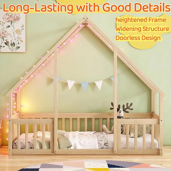 Casaphoria Full Size House-Shaped Montessori Bedframe, Solid Pine Wood Kids Bed Frame, Toddler Floor Bed with Door & Fence for 1-3 Years Old Kids, Natural
