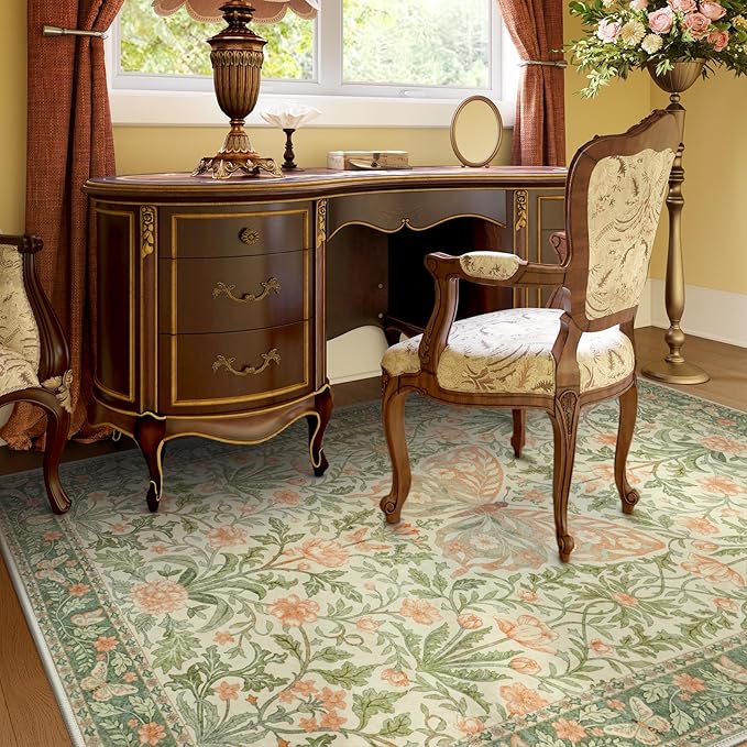 Collive 5x7 Butterfly Area Rug, Vintage Floral Rug for Girls Bedroom Washable Non Slip, Soft Boho Insect Carpet for Living Room Nursery Kids Room Playroom, Grass Green