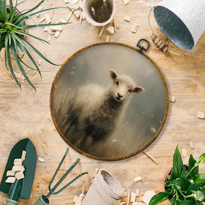 Hiuwevt Vintage Sheep Round Wall Art Decor, Neutral Cottagecore Lamb Framed Canvas Prints, Rustic Farmhouse Animal Round Wall Hanging Decor for Farm Home Living Room Decorations, 10x10 Inches