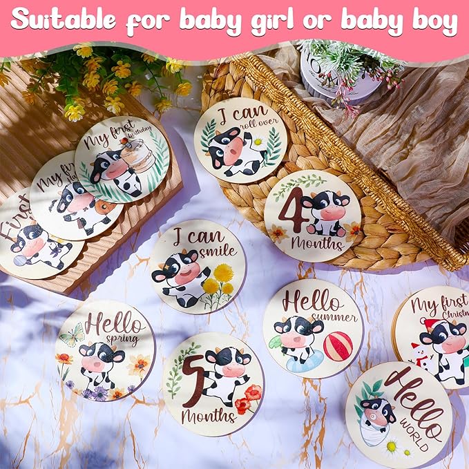 Tiamon 16 Pieces Wooden Baby Monthly Milestone Cards Monthly Milestone Marker Discs Double Sided Wooden Circles Months Signs for Baby Shower Newborn Photo Props(Cow and Leaves)