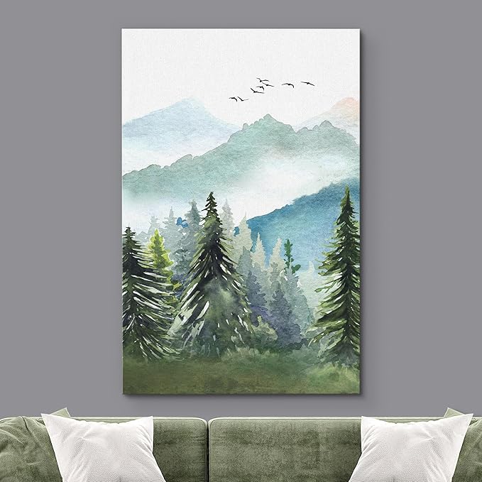 SIGNWIN Canvas Print Wall Art Watercolor Green Forest Tree Mountain Range Nature Landscape Prints Modern Art Woodland Nursery Decor for Living Room, Bedroom, Office - 24"x36"