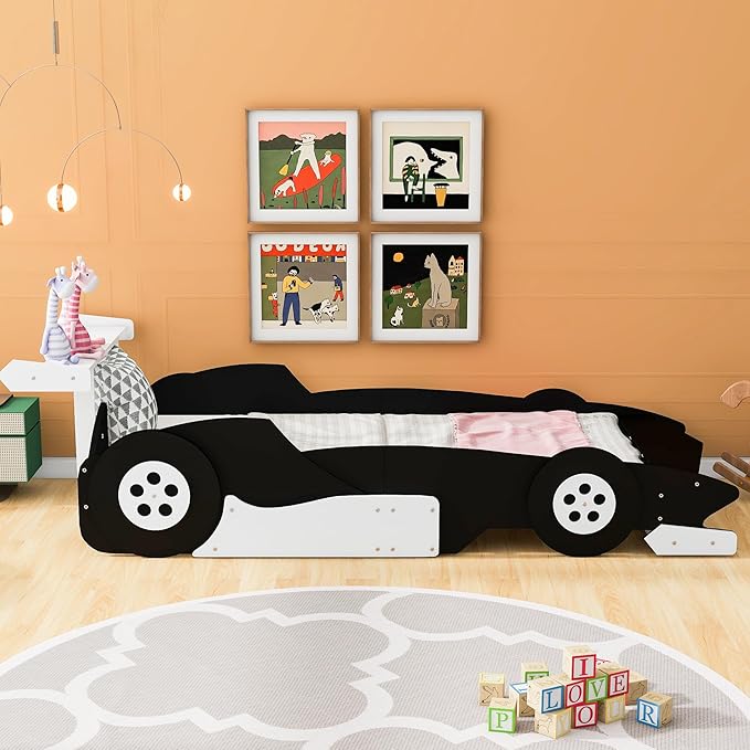 Flieks Twin Size Race Car-Shaped Platform Bed Frame for Boys Girls Kids Adults Toddler with Wheels,Black