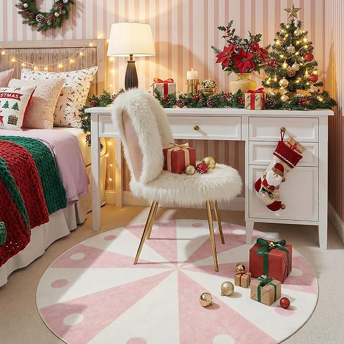 jinchan 5ft Round Rug Light Pink Washable Fun Cute Playroom Mat Non Slip Cheerful Circle Cool Rug Soft Cozy Low-Profile Playful Carousel Throw Carpet for Kids Gift Teens Dorm Entryway Bedroom