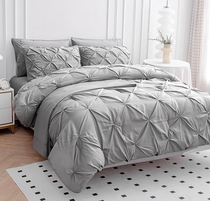 Lane Linen Bed Set, 7 Piece Cal King Comfort Collection, Pintuck Bedding, Soft Cali King Sheets, Pillowcases & Shams - Silver