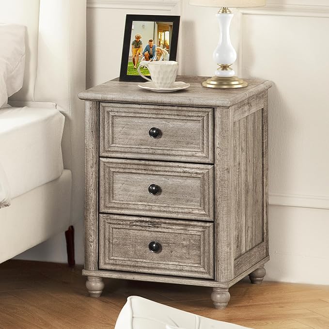 18" Farmhouse Night Stand, Wood Nightstand with 3 Drawers, Grey Bedside End Table with Storage and Roman Column, Bed Side Tables Cabinet for Bedroom, Living Room, and Closet