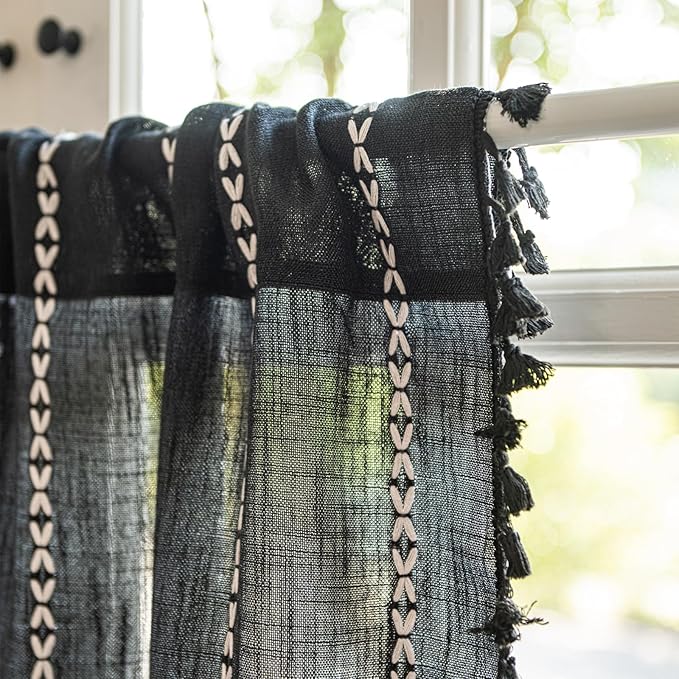 Deeprove Black Boho Curtain Valance for Cafe Kitchen Closet Doorway Cottage Decor, Gothic Sheer Bohemian Farmhouse Cotton Linen Short Panel Tassel Vintage Chic Window Drape W52 x L18, 1 Piece