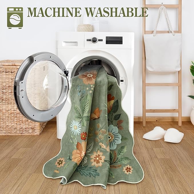 Lahome Floral Washable 6x9 Area Rugs, Soft Bedroom Rug for Living Room Ultra-Thin Non Slip Dining Room Rug, Stain Resistant Boho Green Rugs Easy Clean Throw Carpet for Office(6'x9',Green)
