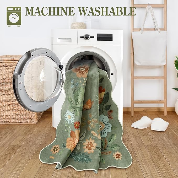 Lahome Floral Hallway Runner Rug Non Slip, 2'6''x10' Washable Runner Rug Soft Ultra-Thin Soft Kitchen Runners for Hallways, Distressed Carpet for Entryway Bathroom(Green)