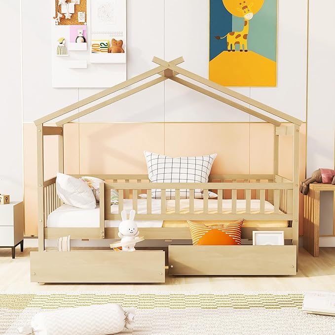 Merax Twin Size Wooden House Bed with Two Drawers, Wood Bed Frame with Roof and Safety Guardrail for Kids, Teens, Boys or Girls, Natural