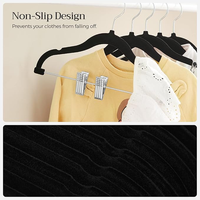 SONGMICS 30 Packs Baby Pants Hangers with Clips, Kids Hangers with 6 Clothes Dividers, Non-Slip Children’s Clothes Hanger, Black UCRF013B30