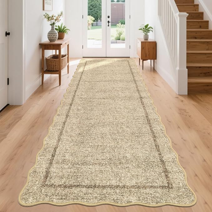 GarveeHome Scalloped Washable Runner Rug 2x8 Runner Modern Non Slip Kitchen Rugs Entryway Rug Farmhouse Soft Bathroom Rugs Stain Resistant Carpet for Hallway Laundry Bedroom 2 ft x8 ft Jute