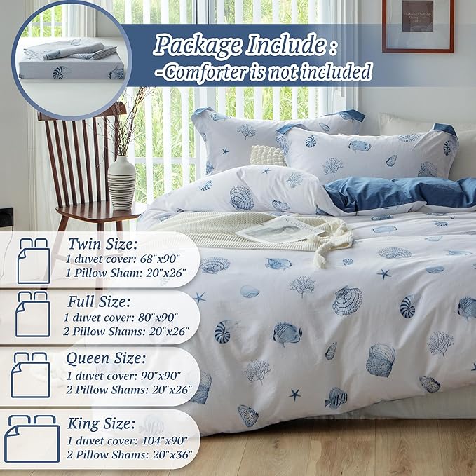 MILDLY 100% Washed Cotton Duvet Cover - Seashell Blue Comforter Cover Set Nautical Coastal Pattern Bedding Set with Zipper Closure 4 Ties Twin Size