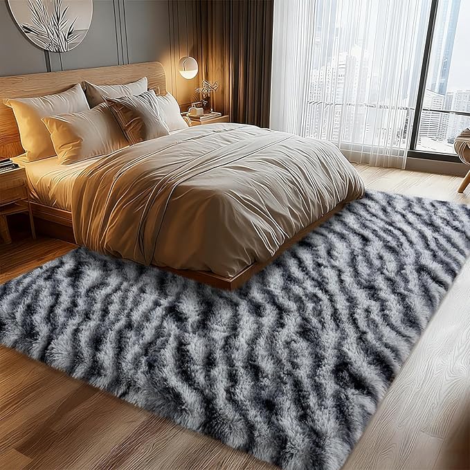 Fluffy Rugs for Living Room, 6x9 Ft Zebra Black and White Area Rug, Soft Large Shag Rugs for Bedroom Dorm Kids Room Nursery, Non-Slip Modern Fuzzy Plush Carpet for Indoor Home Decor