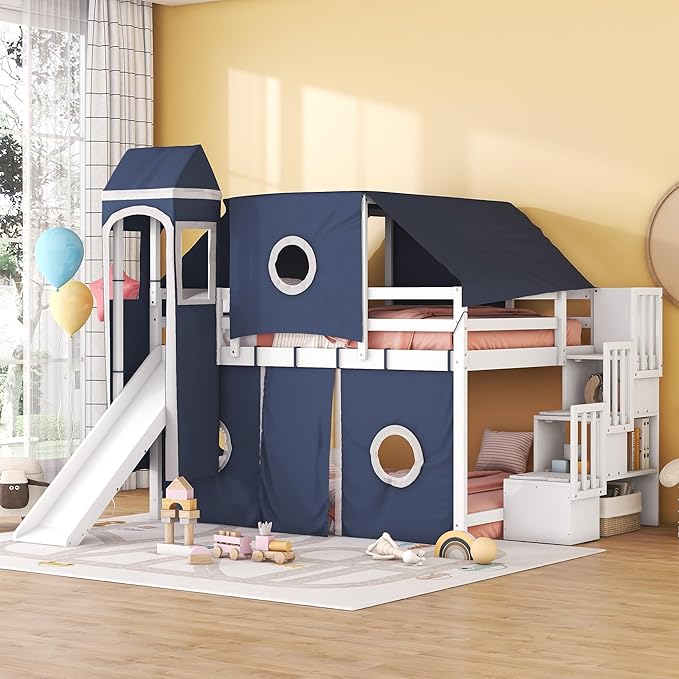 Playhouse Full Size Low Loft Bed with Slide & Tent and Tower, Solid Wood Tent Bed Frame with Storage Staircase for Kids Teens Boys Girls, Versatile Spacious Under Bed Space with Curtains (Blue-TXF)