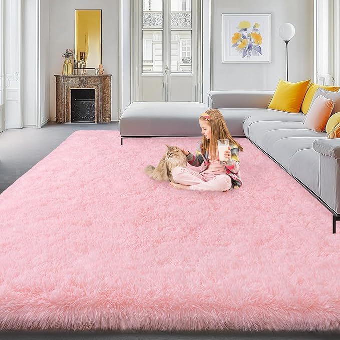 Large Rugs for Living Room 10x14 Pink Area Rug, Soft Fluffy Furry Plush Carpet for Bedroom Girls Kids Room, Non-Slip Indoor Floor Rug, Big Shag Throw Rug for Home Decor