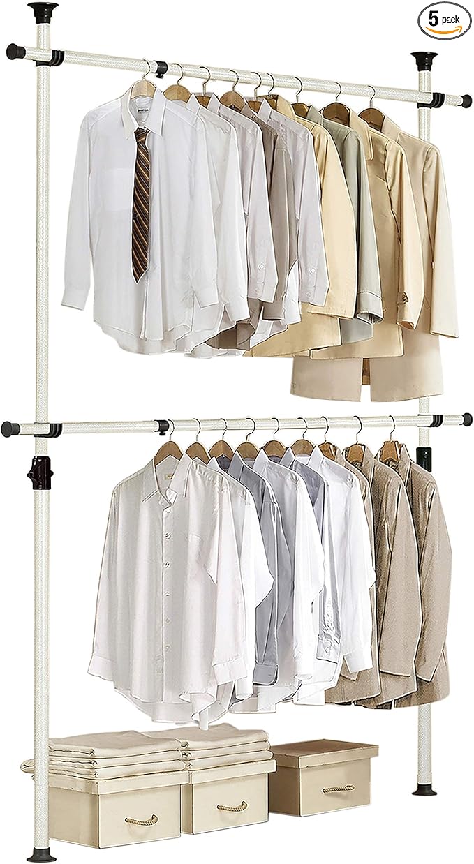 PRINCE HANGER Heavy Duty Adjustable Garment Rack – One Touch System for Easy Assembly, 352 LBS Load Capacity, Freestanding Metal Wardrobe Closet Rack Ivory (Width Adjustable, PHUS-0023)