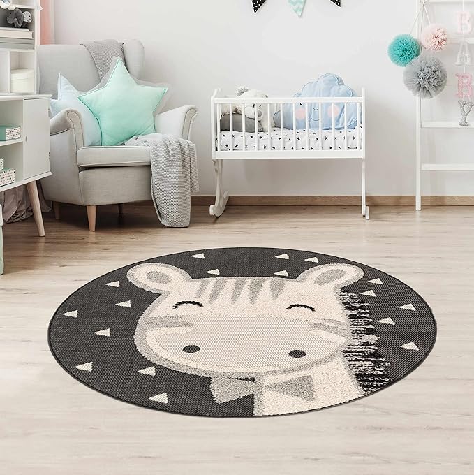 Hauteloom Kids Room, Nursery Round Area Rug - Outdoor Patio Safe - Animal Baby Bowtie Giraffe Playroom Carpet - Beige, Gray, Black, Cream - 5'3"