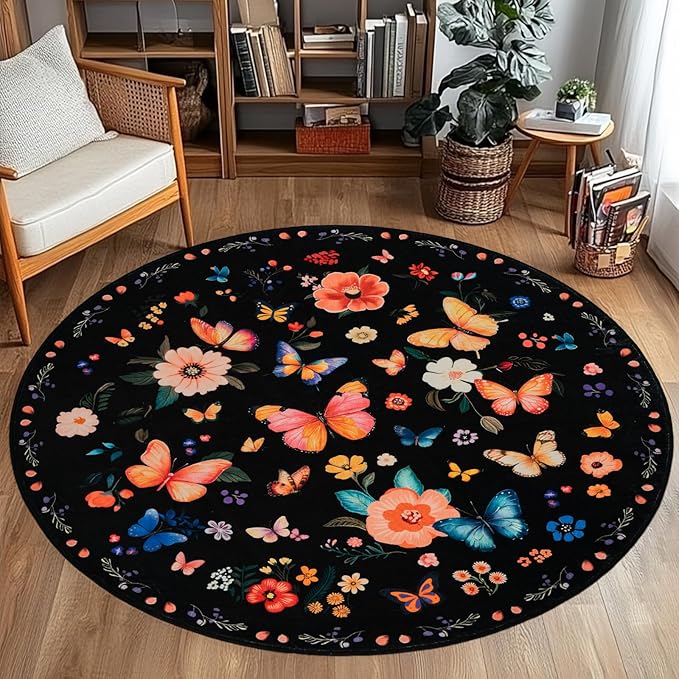 4' Machine Washable Round Area Rug, Non-Slip Vintage Floral Circle Floor Rugs for Kids, Low Pile Room Carpet for Living Room, Bedroom, Dining Room & Nursery(4' Black Floral)