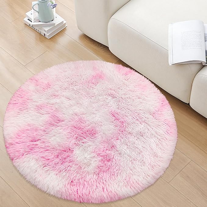 Pink Round Rugs for Bedroom, 3' Circle Area Rugs for Living Room, Tie Dye Colorful Soft and Fluffy Shaggy Carpet for Girls Boys Room Nursery Baby Playroom Unicorn Home Decor Aesthetic, Washable