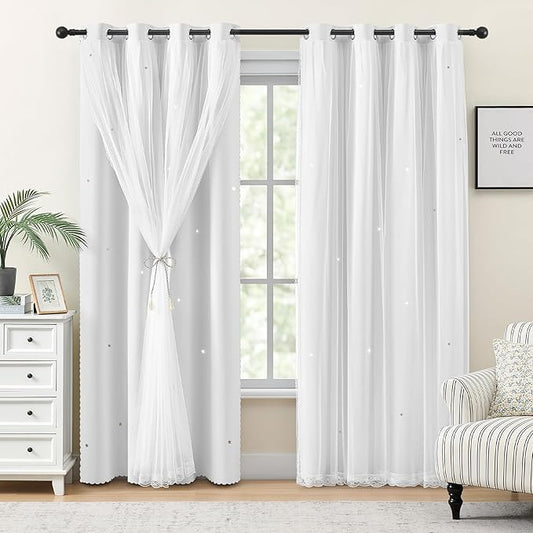 XiDi White Curtains for Girls Bedroom 80% Blackout Double Layer Curtains with Sheer Overlay for Nursery Kids Room Star White Drapes with Tiebacks Grommet Window Treatment 2 Panels W34 X L72