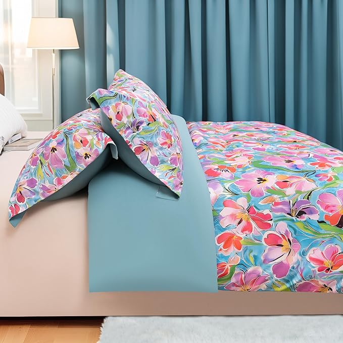 3 PCS Spring Multi Pink Meadow Duvet Cover Queen Size, Washed Fiber Floral Botanical Pattern Bedding Set, Cozy Soft Breathable Quilt Cover, Zipper + 8 Corner Ties + 2 Pillow Shams, Without Comforter