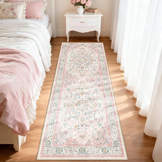 Machine Washable Rugs Nursery Rug 2x6 Cute Girl Non Slip Low Pile Water Repellent Soft Print Pattern for Bedroom Indoor Decor Kids Playroom Pinkteal