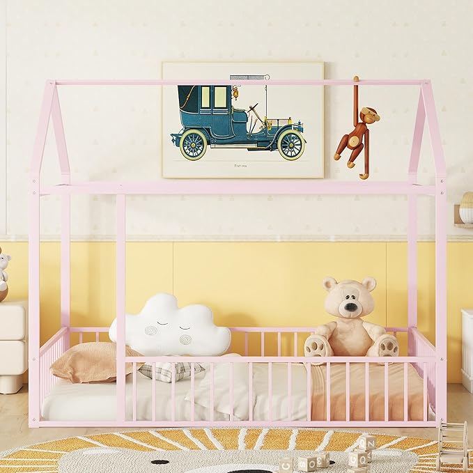 Bellemave Full Size Montessori Floor Bed, Metal House Bed Framefor Kids, Montessori Floor Beds with Fence, Playhouse for Kids, Pink