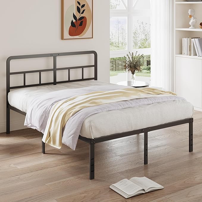 16 Inch Queen Bed Frame with Headboard No Box Spring Needed, Heavy Duty Metal Queen Size Platform with Steel Slat, Mattress Foundation, Easy Assembly, No Noise, Black