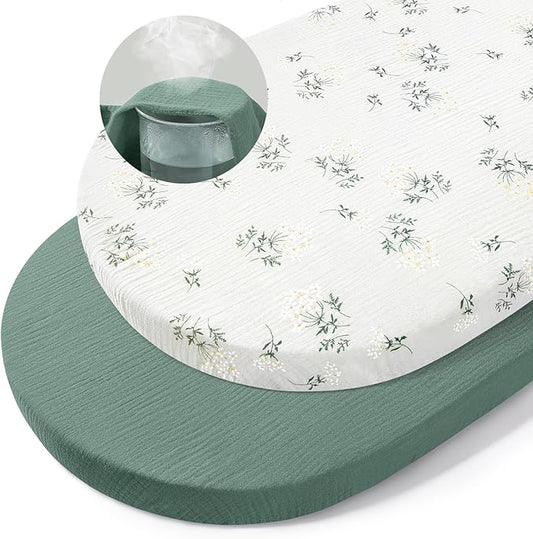 Basumee Muslin Bassinet Sheets for Baby Girl Boy 2 Pack Soft Breathable Baby Bedside Bassinet Fitted Sheets with Bottom Elastic Band 33''x17''x4'' Mattress Cover for Rectangle Oval Hourglass Bassinets