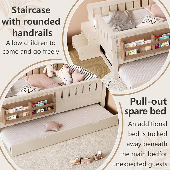 Bellemave Twin Bed with Trundle Twin and Stairs, Twin Size Platform Bed Frame with Fence and Bookshelf, Easy Assemble Beds for Kids, Girls, Boys, Beige