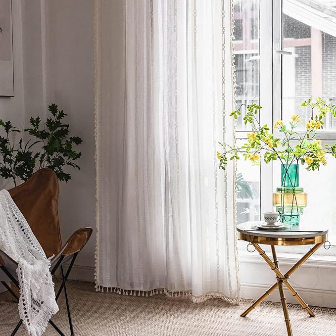 Deeprove Boho Curtain 96 Inches Long for Bedroom, Sheer Ivory Cotton Linen White Stripes Embroidery Shabby Chic Hollow Geometric, Semi Blackout Window Vintage Drape Tassels, 1 Panel W52 x L96