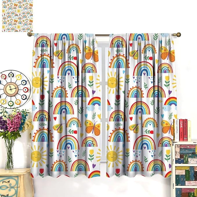 Boho Rainbow Curtains for Kids Nursery Colorful Floral Sun Star Clouds Pastel Bohemian Pattern Print Window Drapes for Girl Bedroom Living Room Kitchen Decor,2 Panel Set,42Wx54H Inch Blackout