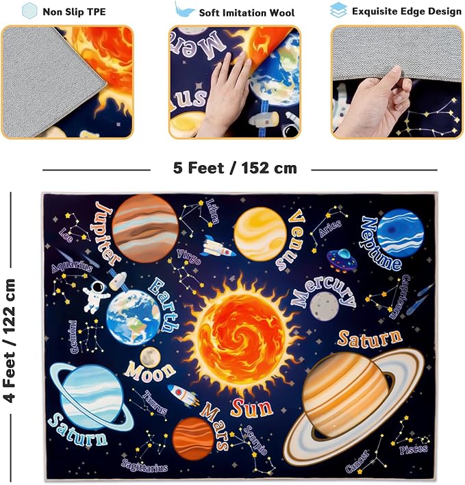 Kids Rugs for Playroom, 4x5 Feet Educational Rug for Learn The ABC Alphabet, Soft Machine Washable Non-Slip Cute Space Galaxy Carpet for Classroom Toddler Nursery Kids Room Decor Mat