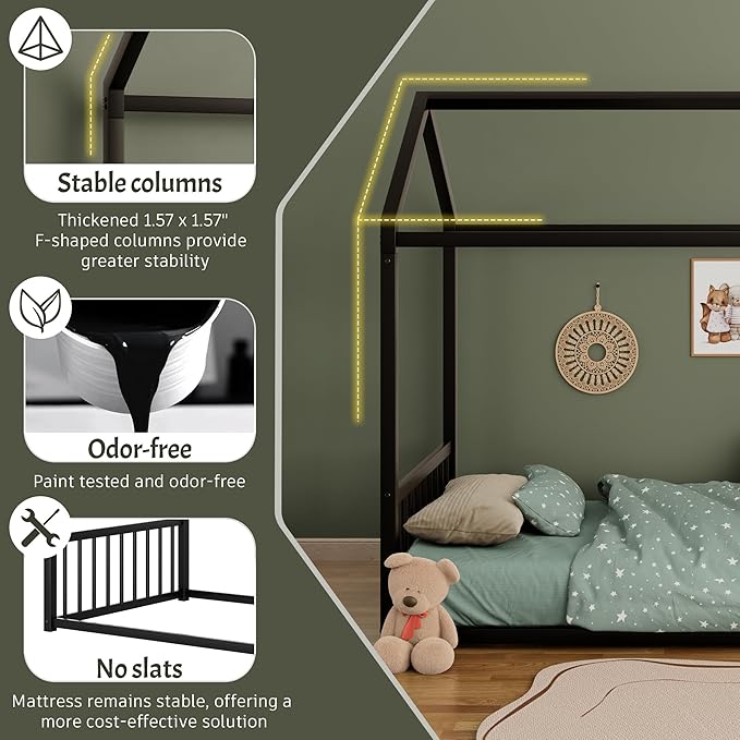 Merax Full Floor Bed Frame, Montessori Style Metal House Shaped Kids Bed with Vertical Safety Guardrails, No Slats, Grounded Design for Kids and Toddlers, Easy Assembly, Black