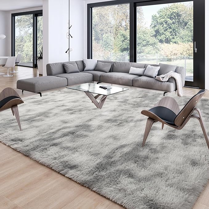 Merelax Soft Area Rugs for Livingroom Bedroom, Shaggy Plush Fuzzy Fluffy Carpet Furry Fur Rug, Modern Indoor Comfy Nursery Kids Dorm Home Decor Floor Mat, 9 x 12 ft, Tie-Dyed Light Grey