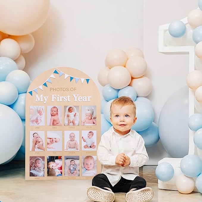 Photos of My First Year Wood Board - Newborn 1 to 12 Months Photo Display,1st Birthday Growth Photos Record Sign,Monthly Milestone Photo Board,Rustic Keepsake Nursery Decorations