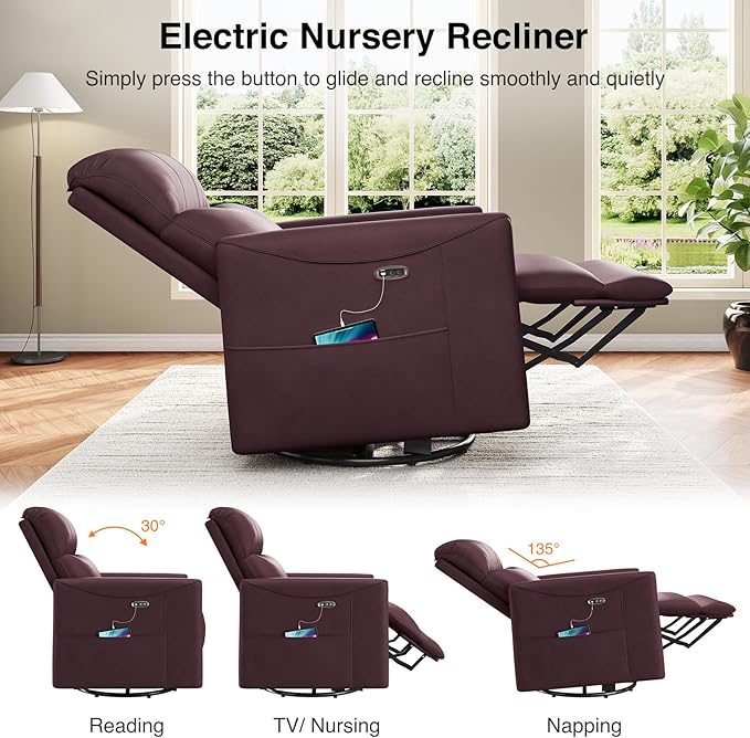 Power Swivel Rocker Recliner, 360° Swivel Nursery Rocking Chair, PU Leather Glider Rocking Recliner, Infinite Position Electric Chair for Adults with USB Port for Living Room, Burgundy