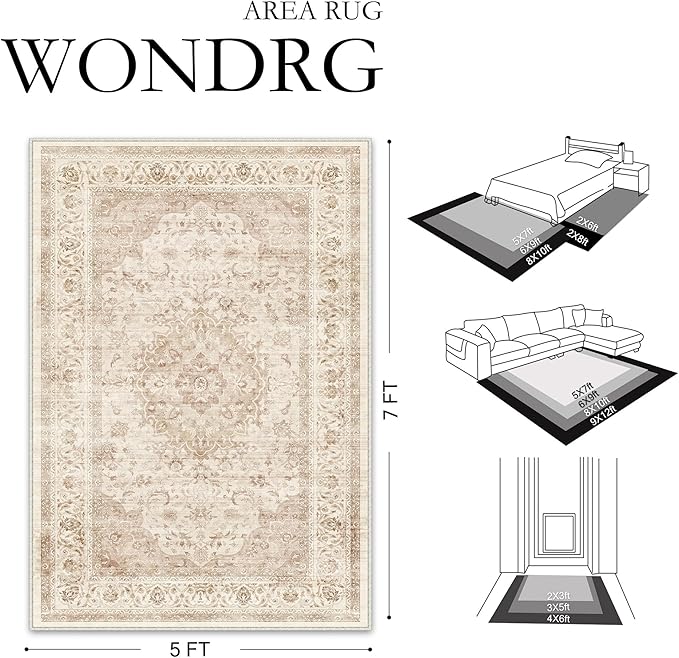 9x12 Beige Washable Vintage Area Rug for Living Room Bedroom Soft Tranditional Non Slip Large Throw Rug Lightweight Floral Low Pile Distressed Carpet Office Playroom Home Decor