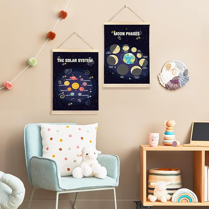 Hiuwevt Solar System Poster Hanger Frame, Space Nursery Decor, Mystical Cosmic Educational Wall Art Decor for Kids Boys Room Nursery Classroom Home, 12x16 Inch Set of 2