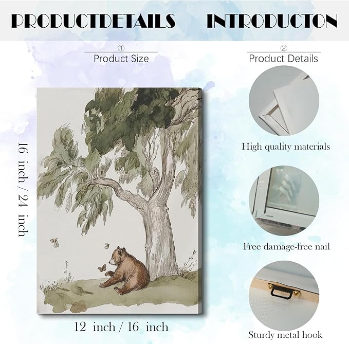 LSXARTQQ Set of 3 Woodland Nursery Wall Art Neutral Forest Animal Alphabet Canvas Wall Decor Vintage Nursery Wild Animals Paintings Pictures Kids Boys Girl Room Bear Bunny Artwork Prints(12x16inch)